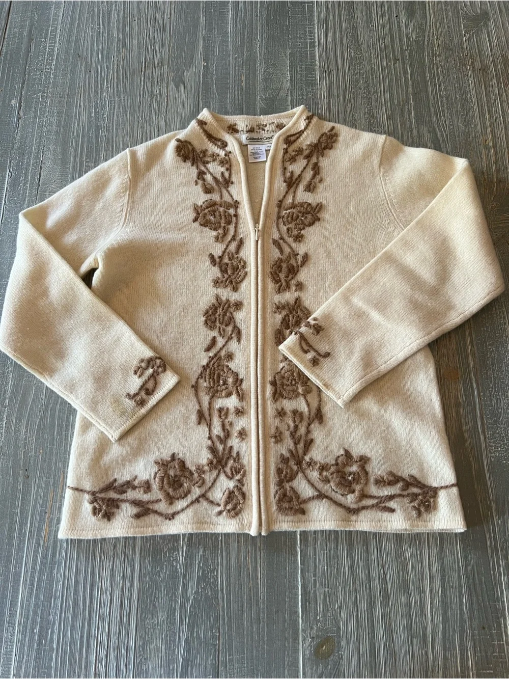 Coldwater Creek Cream Zip Cardigan with Brown Floral Embroidery